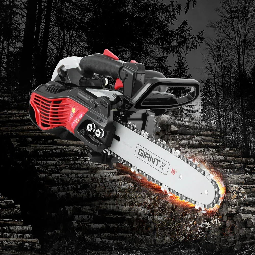 Gas chainsaw with red and black body, 10-inch blade cutting logs in forest setting