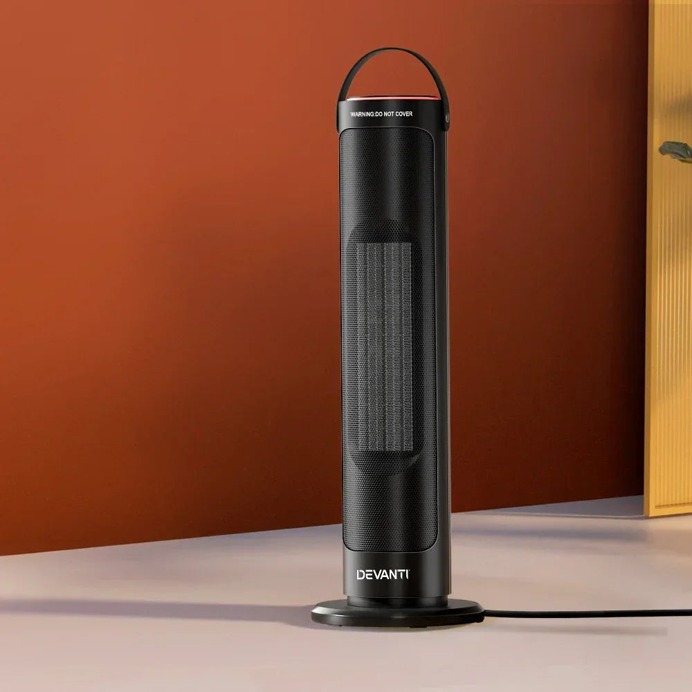 Black tower fan heater with digital display, modern design, standing on indoor surface