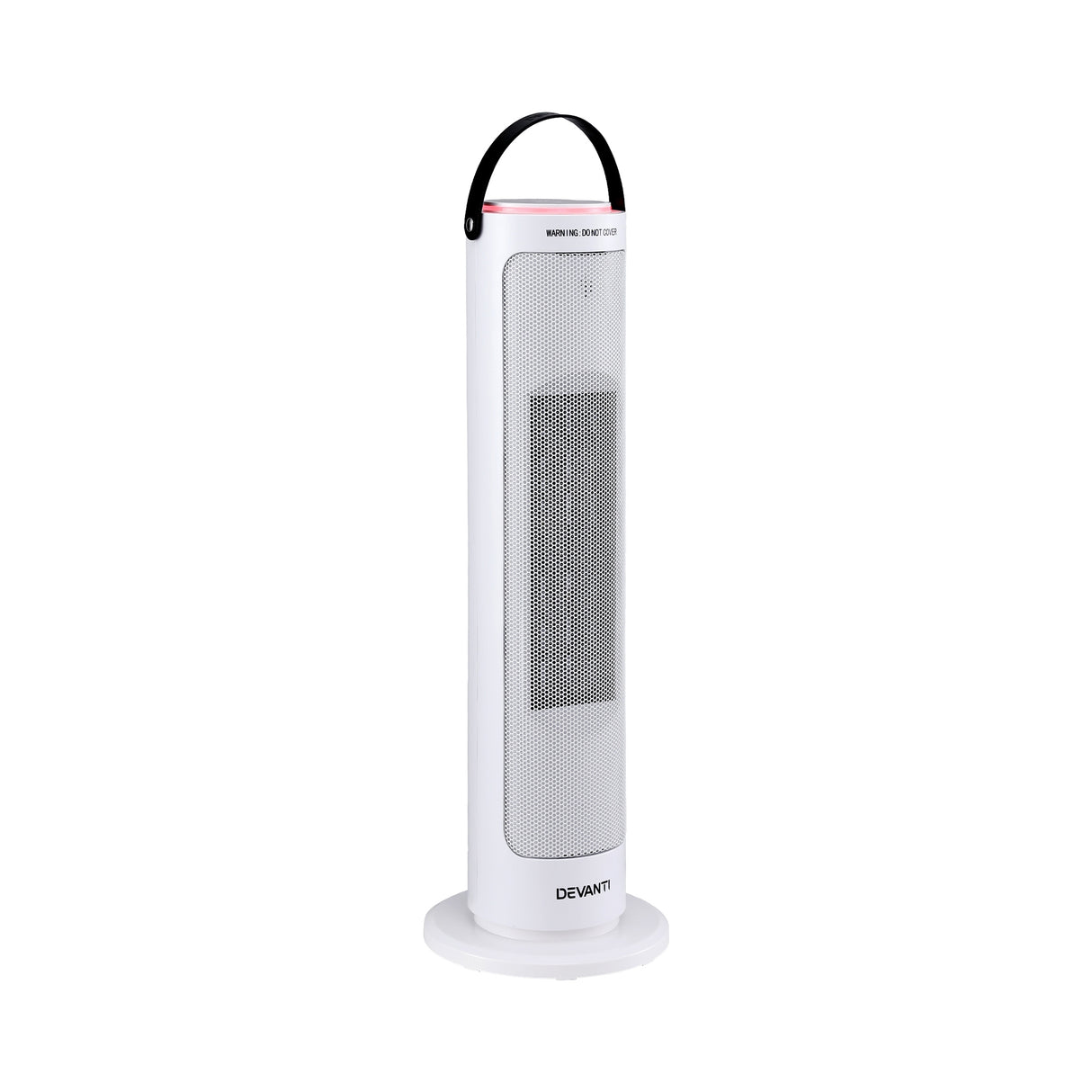 White tower heater with handle, modern design, freestanding electric home appliance