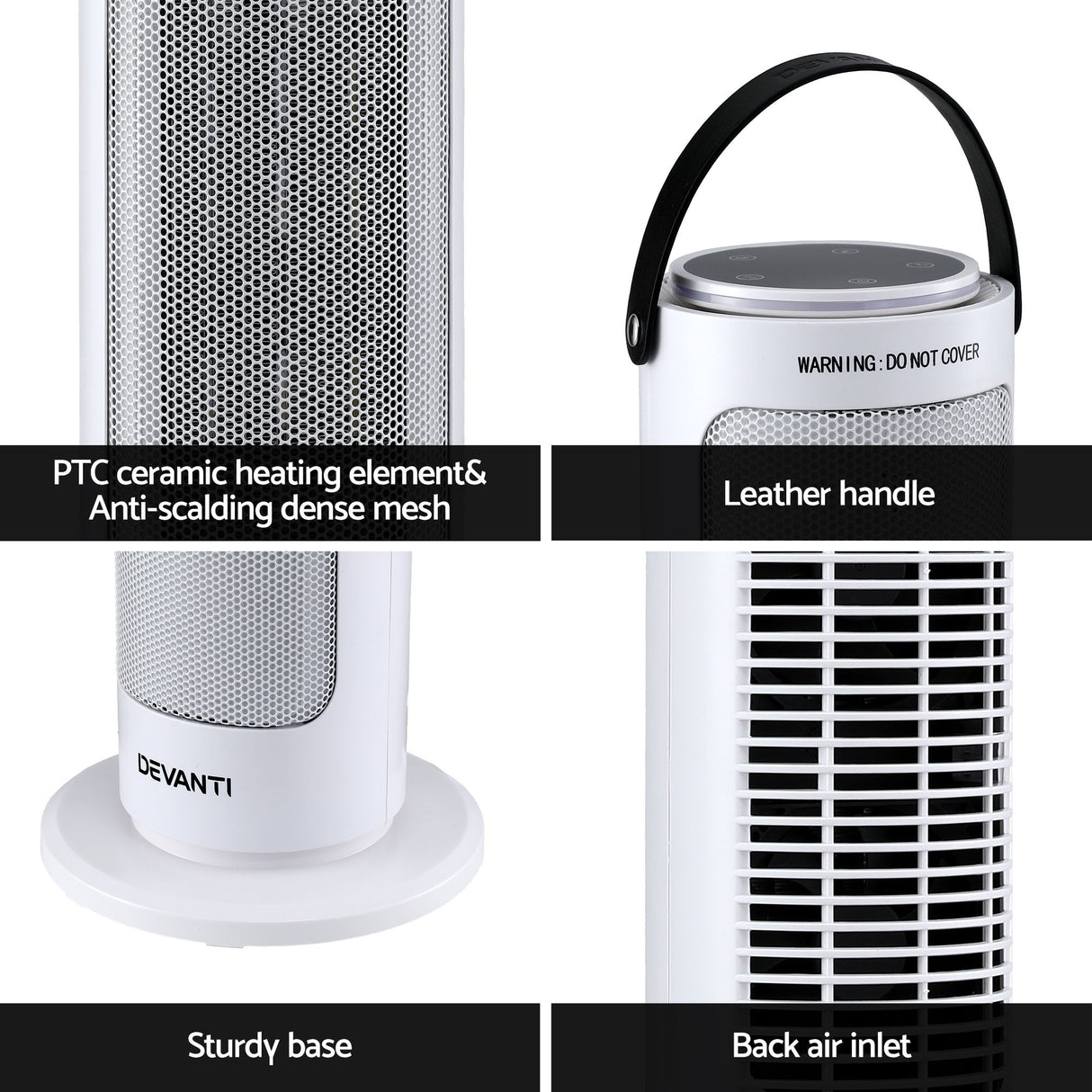 White tower heater with PTC ceramic heating element, dense mesh, leather handle, and air inlet.