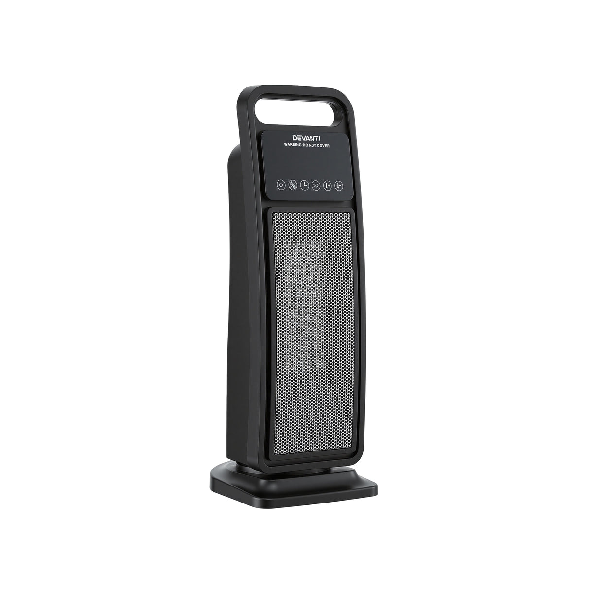 Black tower electric heater with digital control panel and mesh front grill, isolated on white