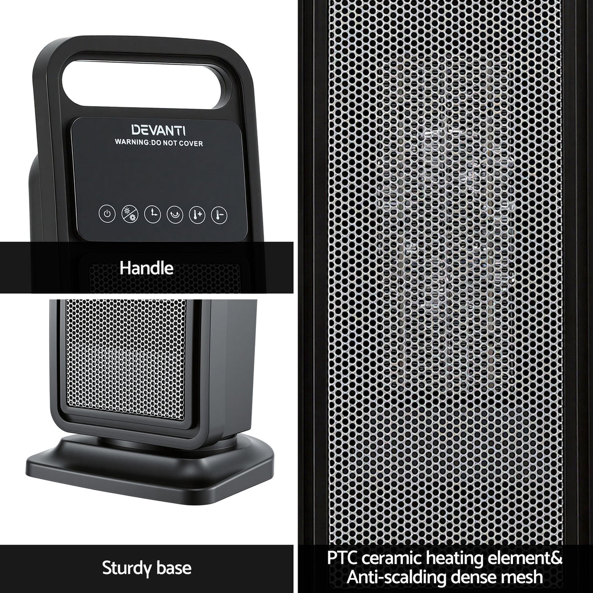 Black ceramic tower heater with handle, sturdy base, and mesh safety grille
