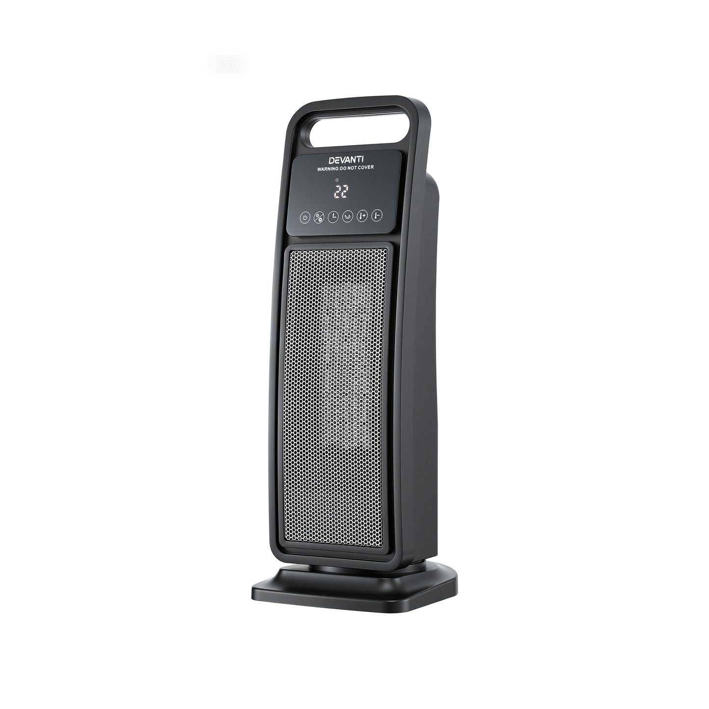 Black tower ceramic heater with digital display and touch controls on white background