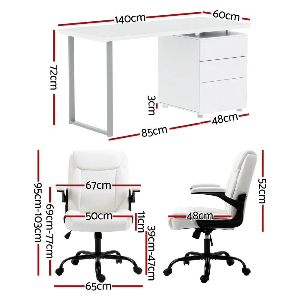 White office desk with drawers and matching ergonomic chair, detailed with size measurements.