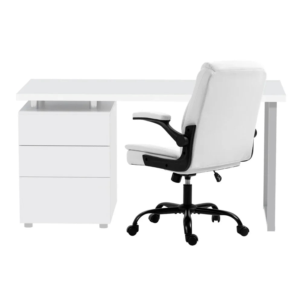 Modern white office desk with drawers and ergonomic white swivel chair on wheels