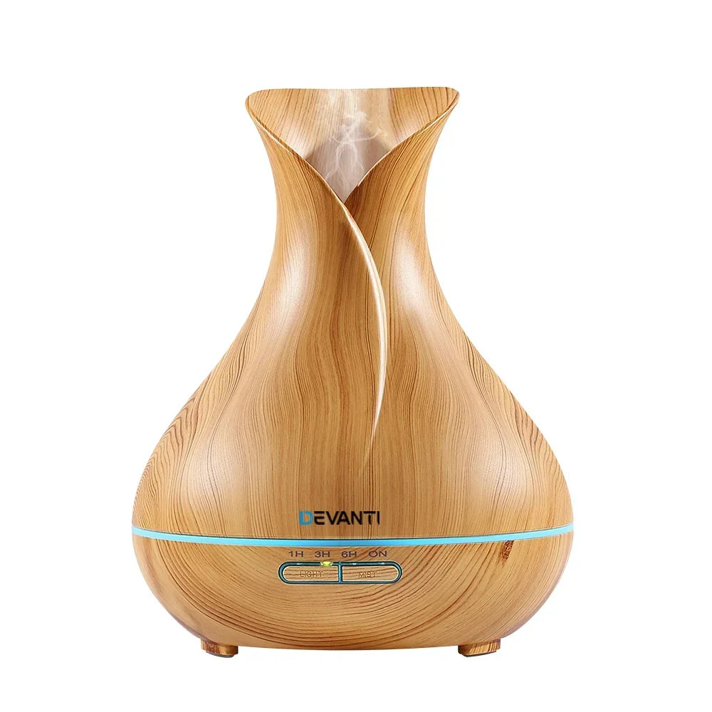 Wood grain essential oil diffuser with steam mist and digital control buttons