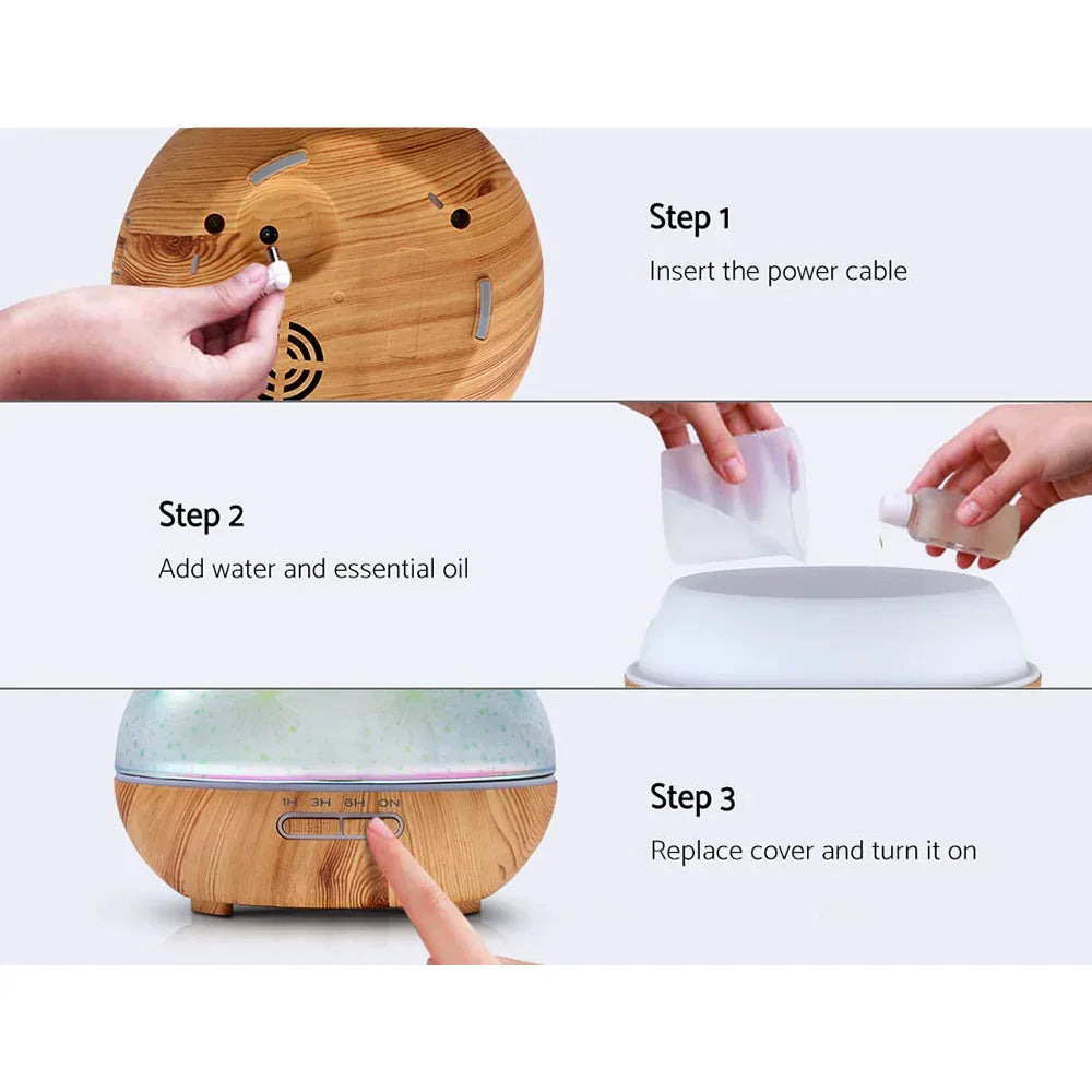 How to use a wood grain essential oil diffuser, showing steps to add power, water, and oil.