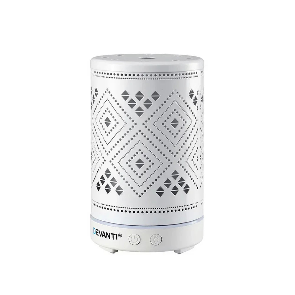 White electric aroma diffuser with geometric cutout design, power buttons on base