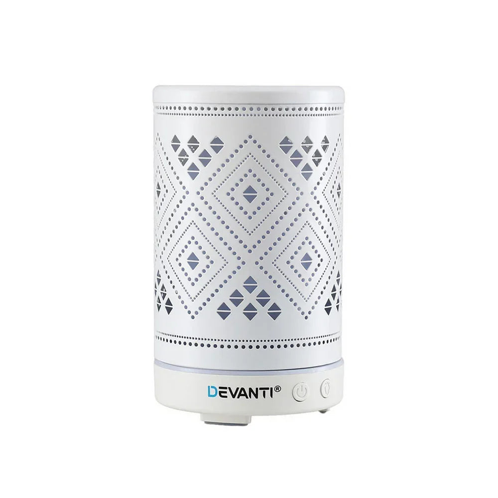 White electric aroma diffuser with geometric cut-out pattern and control buttons