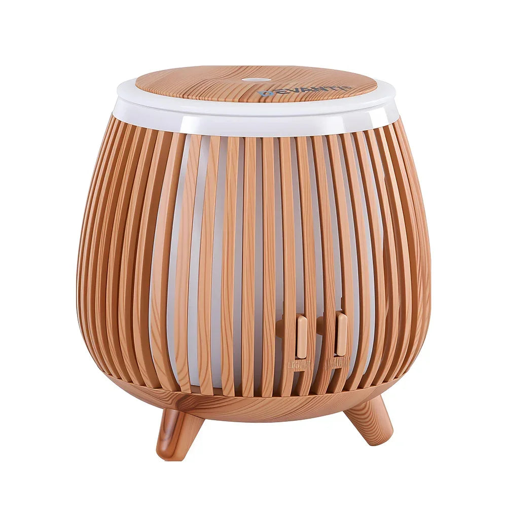 Modern wood grain air humidifier with slatted design and adjustable controls, home decor