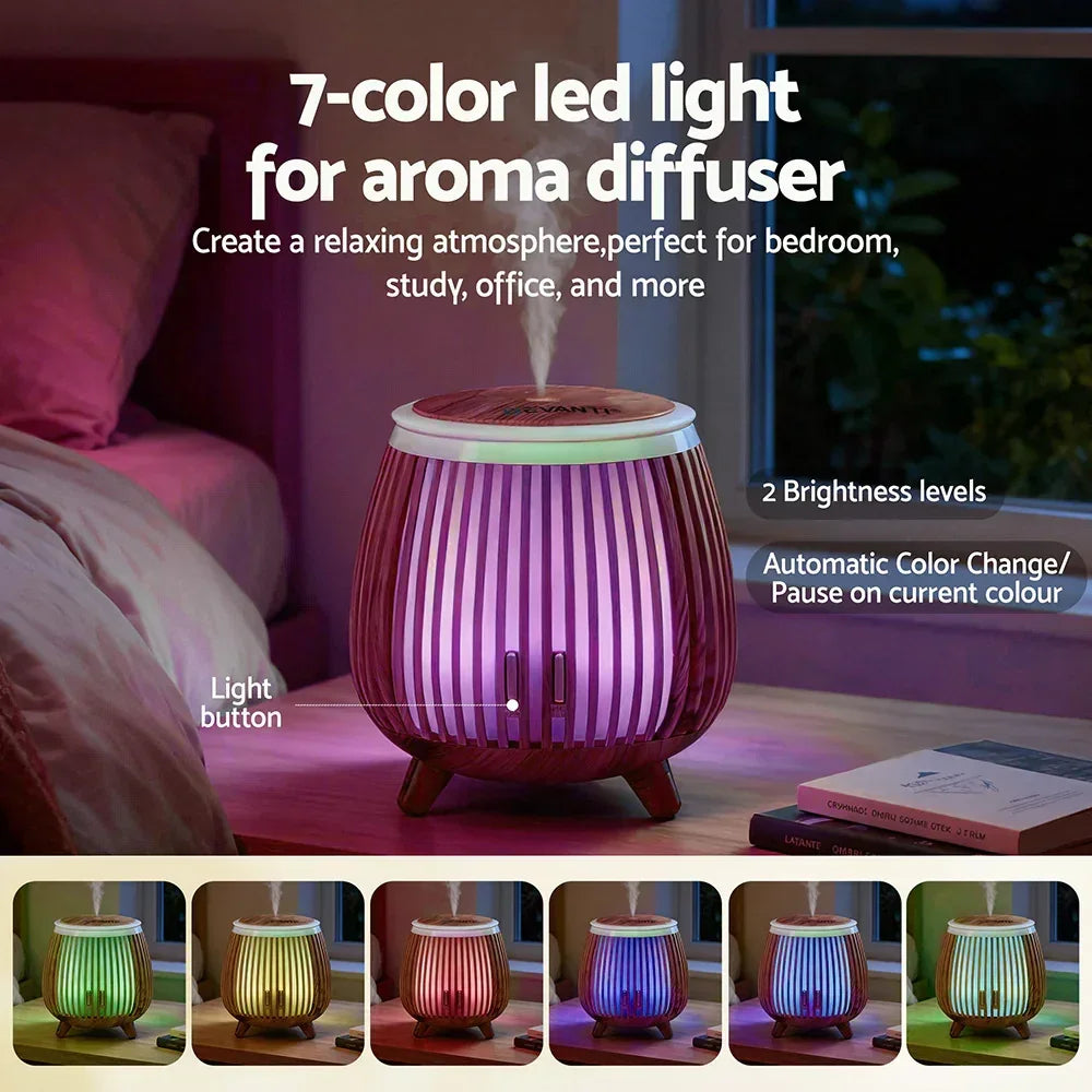 7-color LED aroma diffuser with brightness control on bedside table, showing color options.