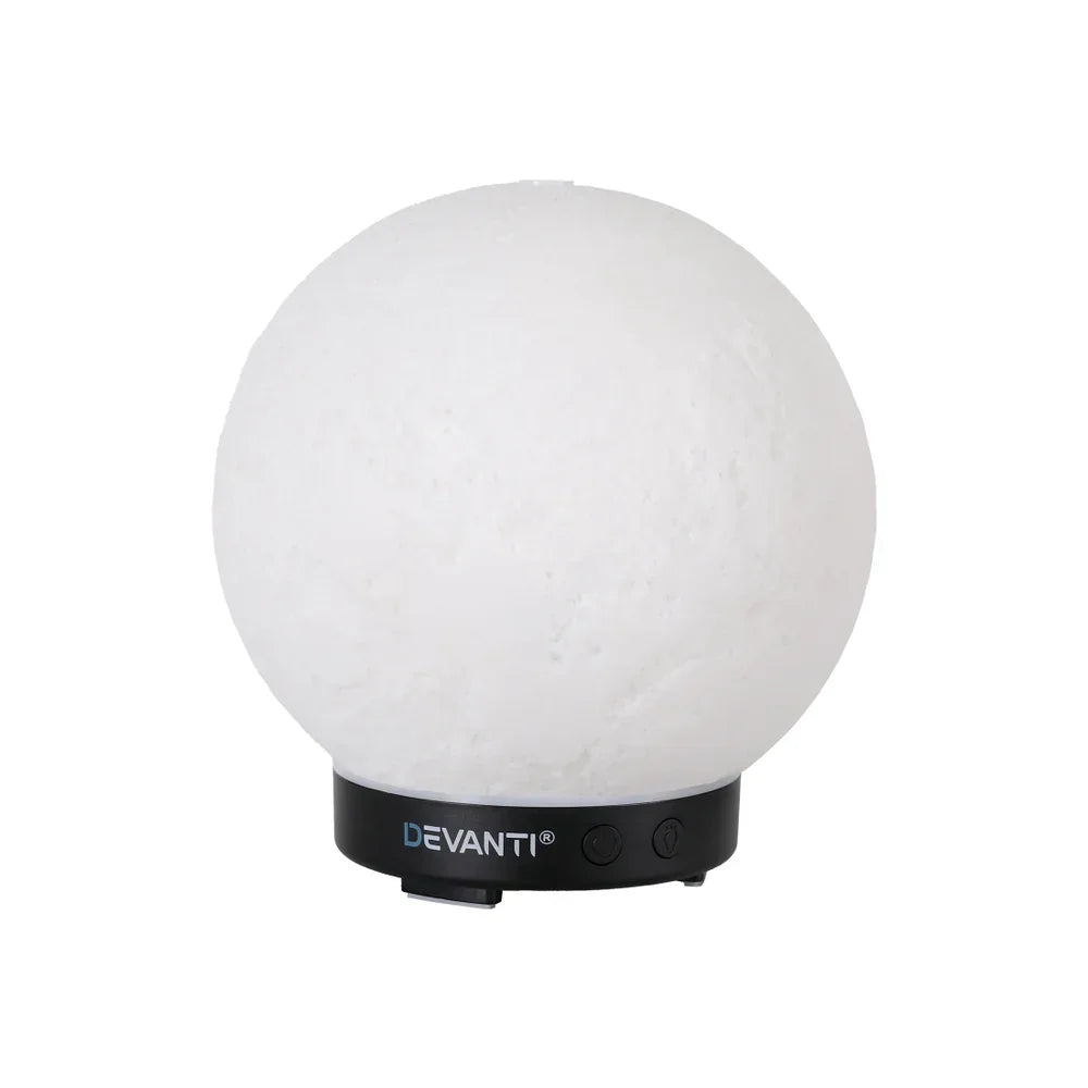 White spherical moon lamp with black base and control buttons, minimal modern design