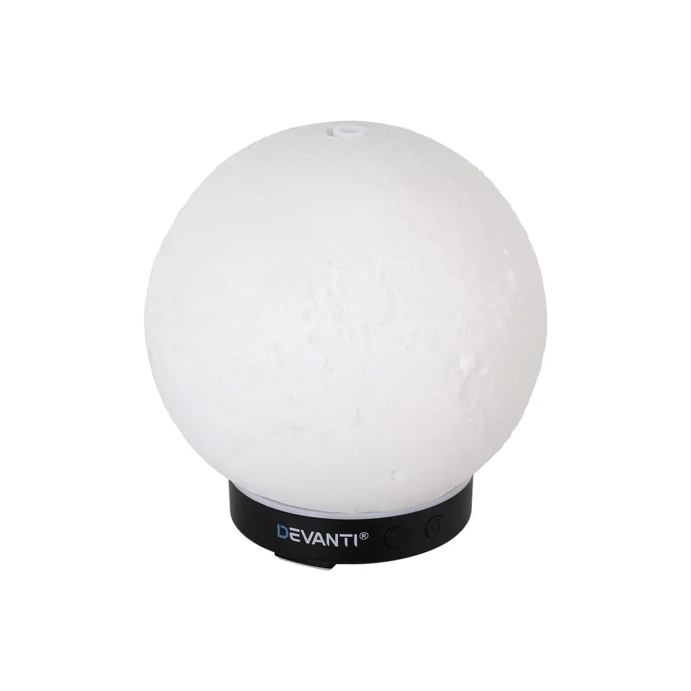 White spherical moon lamp humidifier with textured surface on a black base, Devanti logo visible.