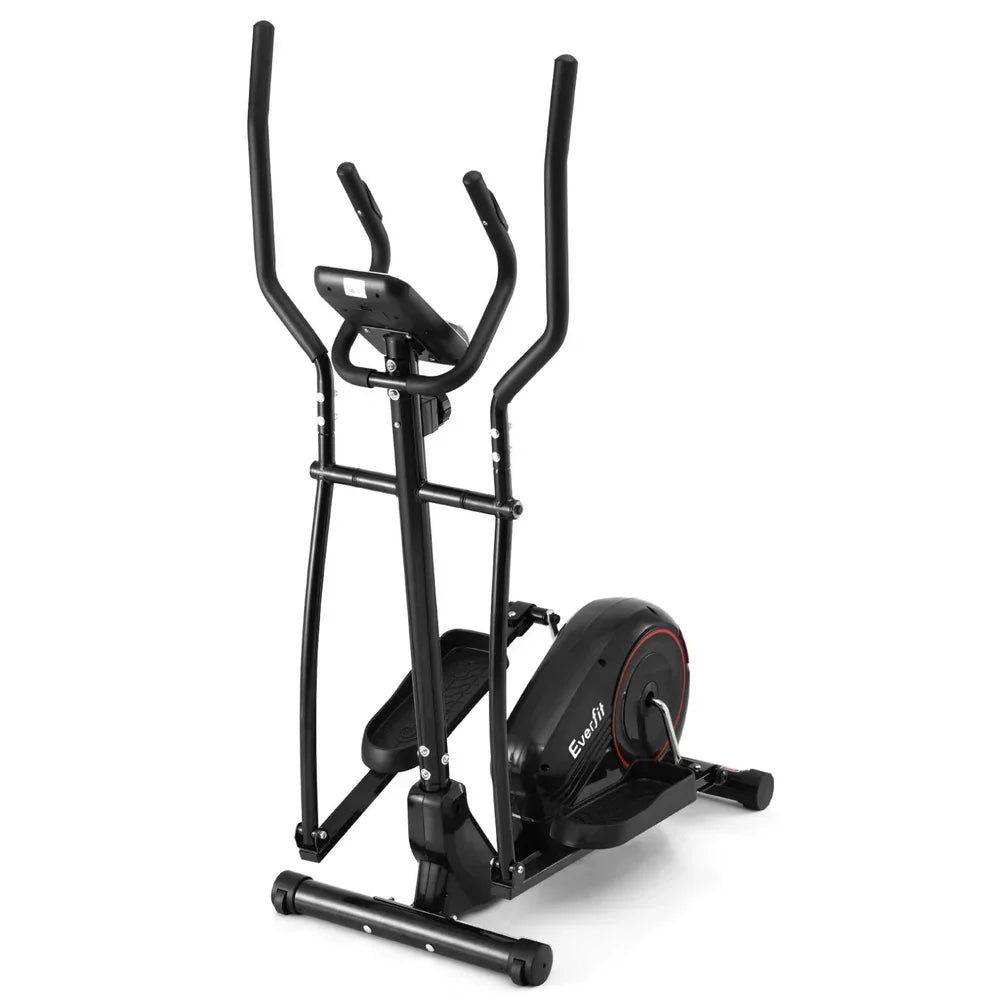 Black elliptical cross trainer exercise machine with digital display on white background