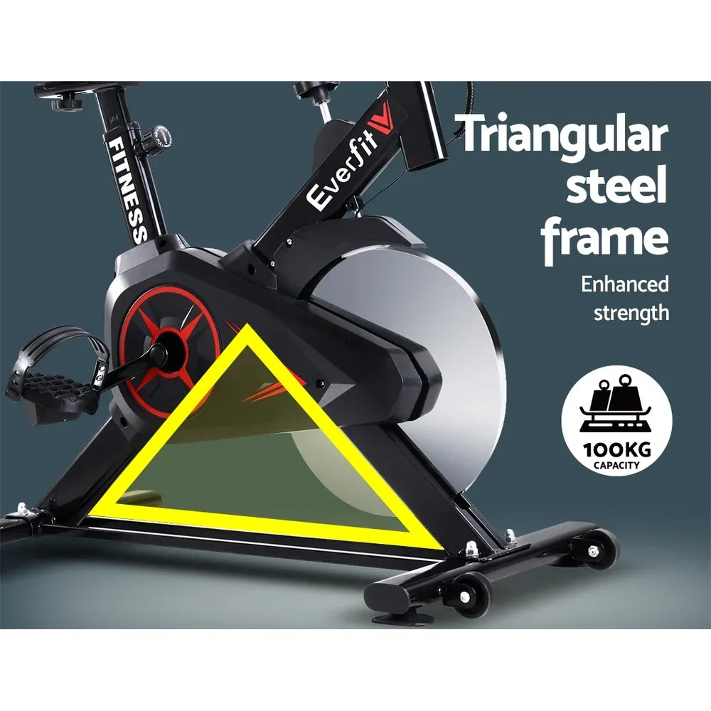Black Eversit exercise bike with triangular steel frame, pedal, 100kg capacity label.