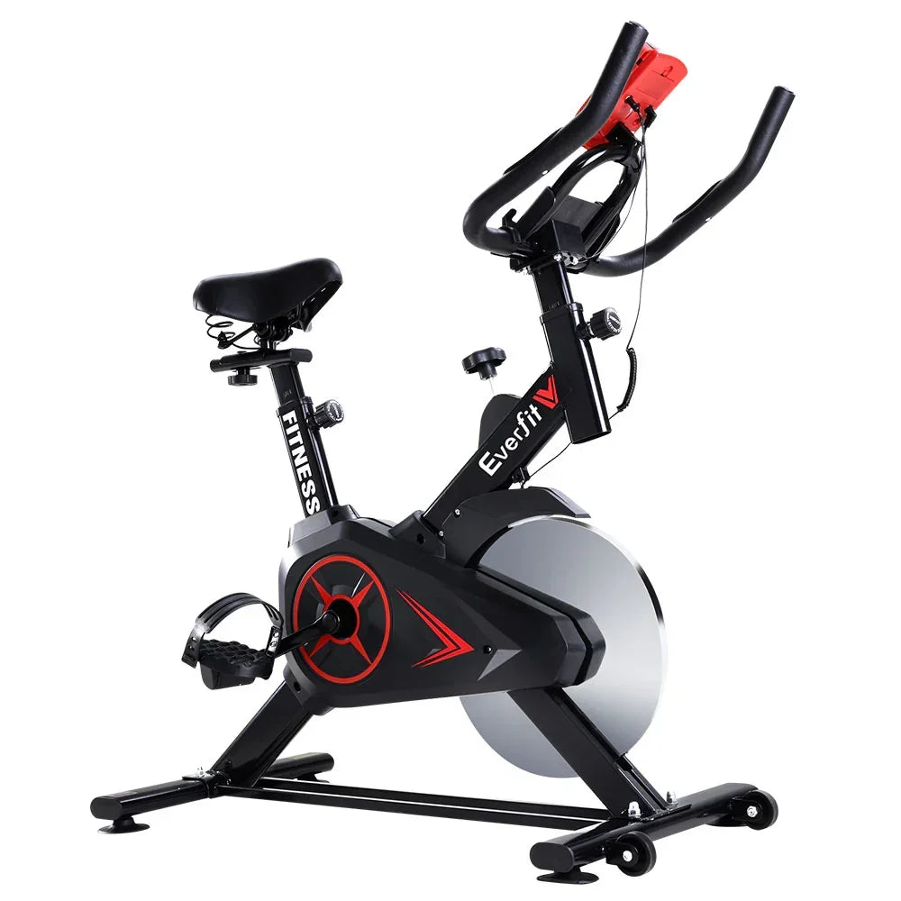 Black and red Everfit indoor exercise bike with adjustable seat and handlebars