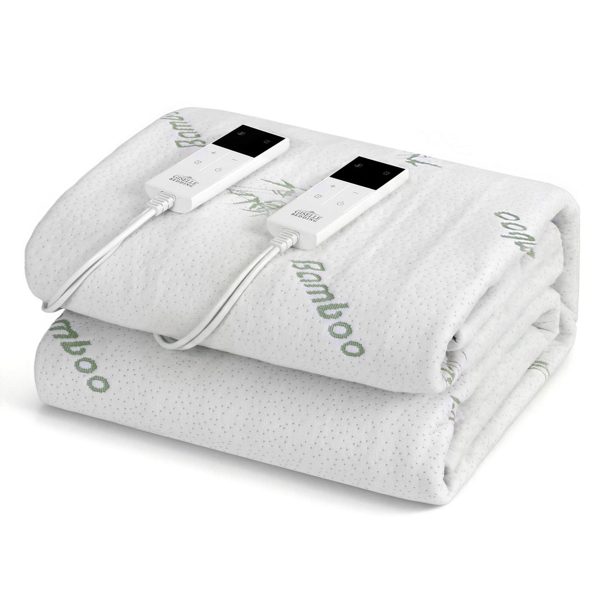 Folded bamboo electric blanket with two digital controllers on a white background