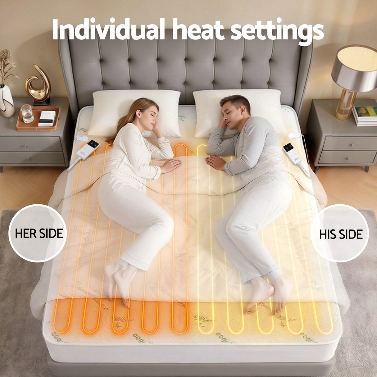 Couple sleeping on electric heated mattress pad with dual individual heat settings in bedroom.