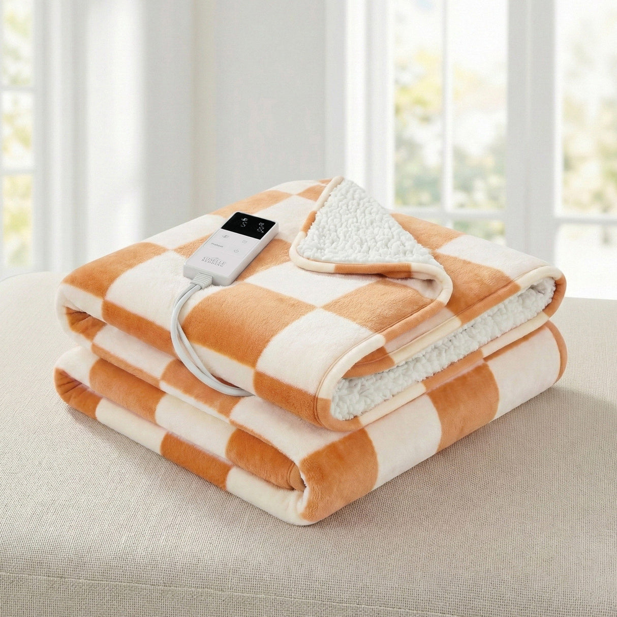 Electric heated throw rug with orange and white check pattern and remote control