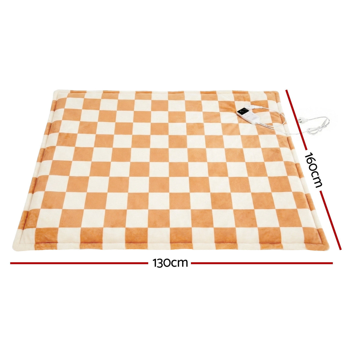 Orange and white checkered heated throw rug, 130cm by 160cm, with attached controller.