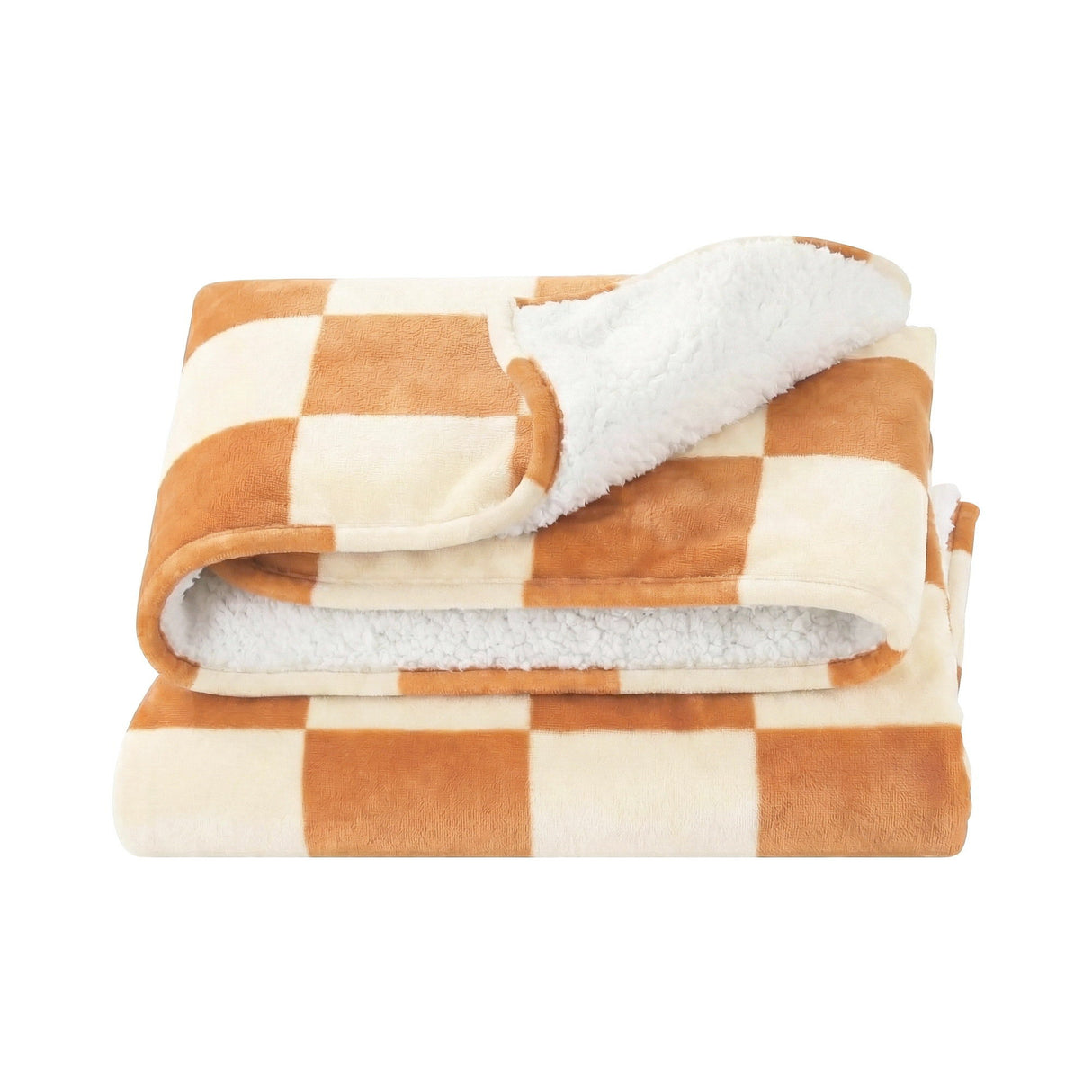 Brown and cream checkered fleece throw rug with soft sherpa lining, folded neatly