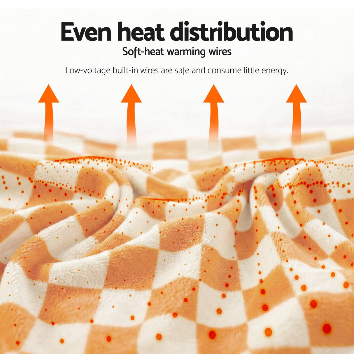 Orange and white checkered heated throw blanket with even heat distribution illustration.