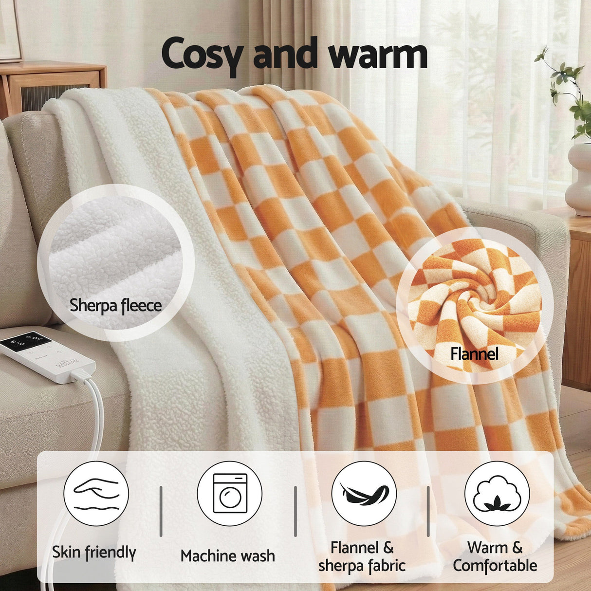 Checkerboard sherpa and flannel throw blanket on sofa, skin-friendly and machine washable
