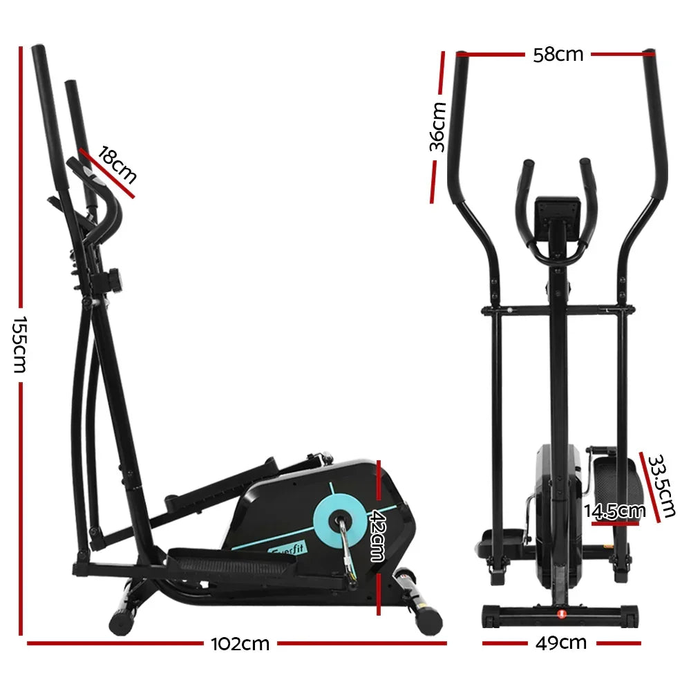 Black elliptical trainer exercise machine with detailed measurements in centimeters shown from side and front views.