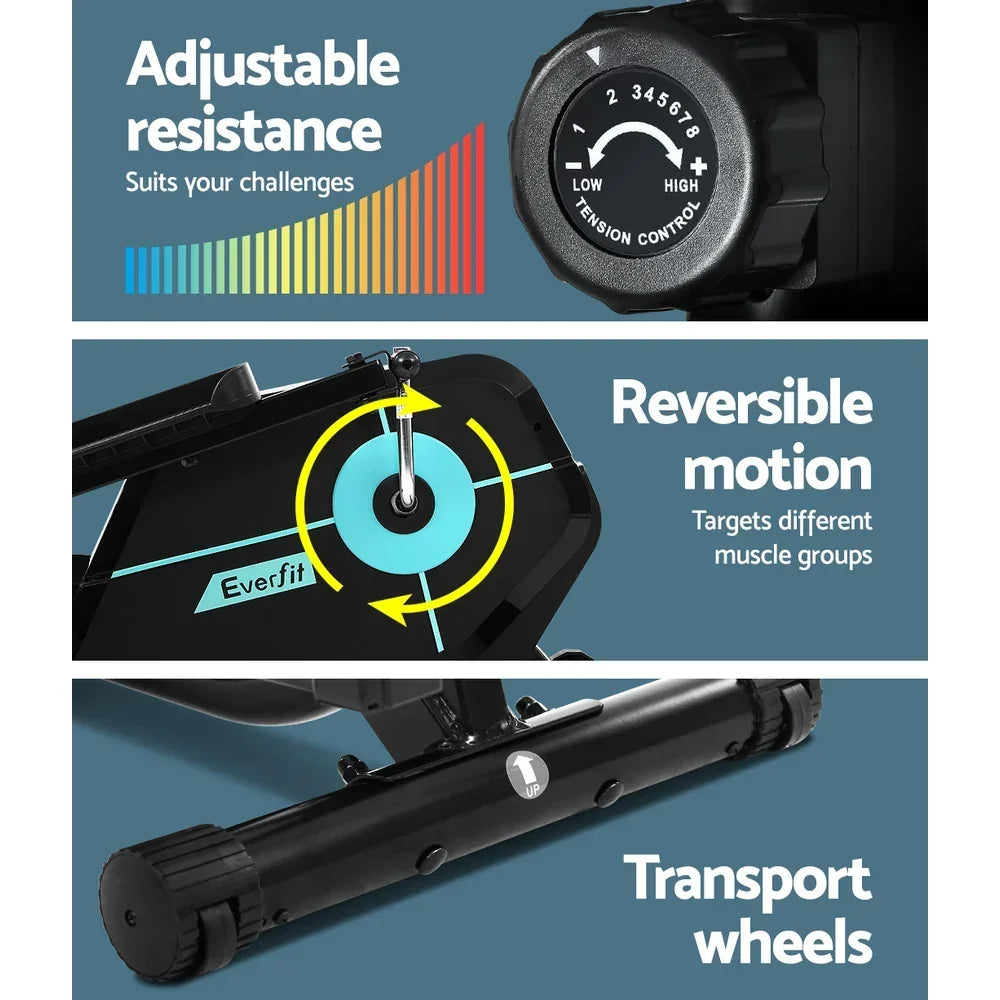 Exercise machine features adjustable resistance, reversible motion, and transport wheels.