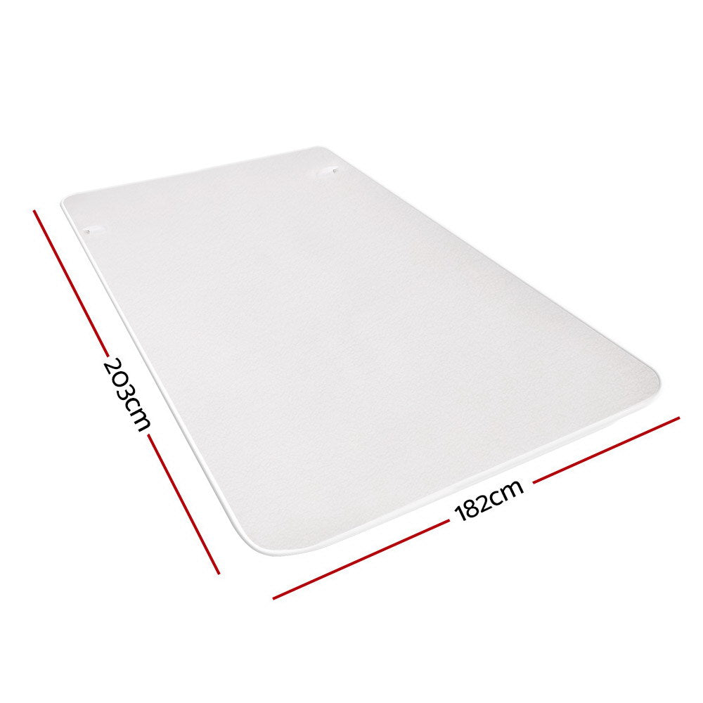Rectangular white mat with rounded corners, measuring 203cm by 182cm
