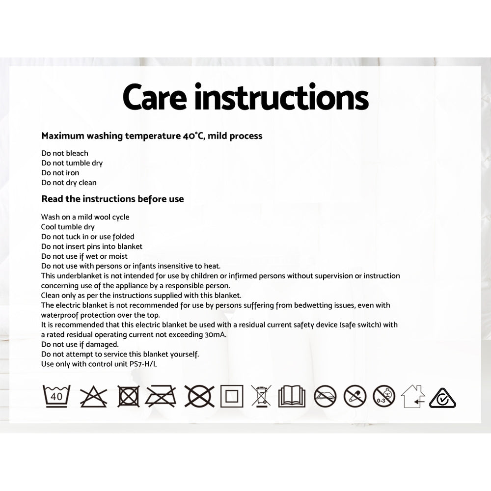 Care instructions label for electric blanket with laundry and safety symbols.