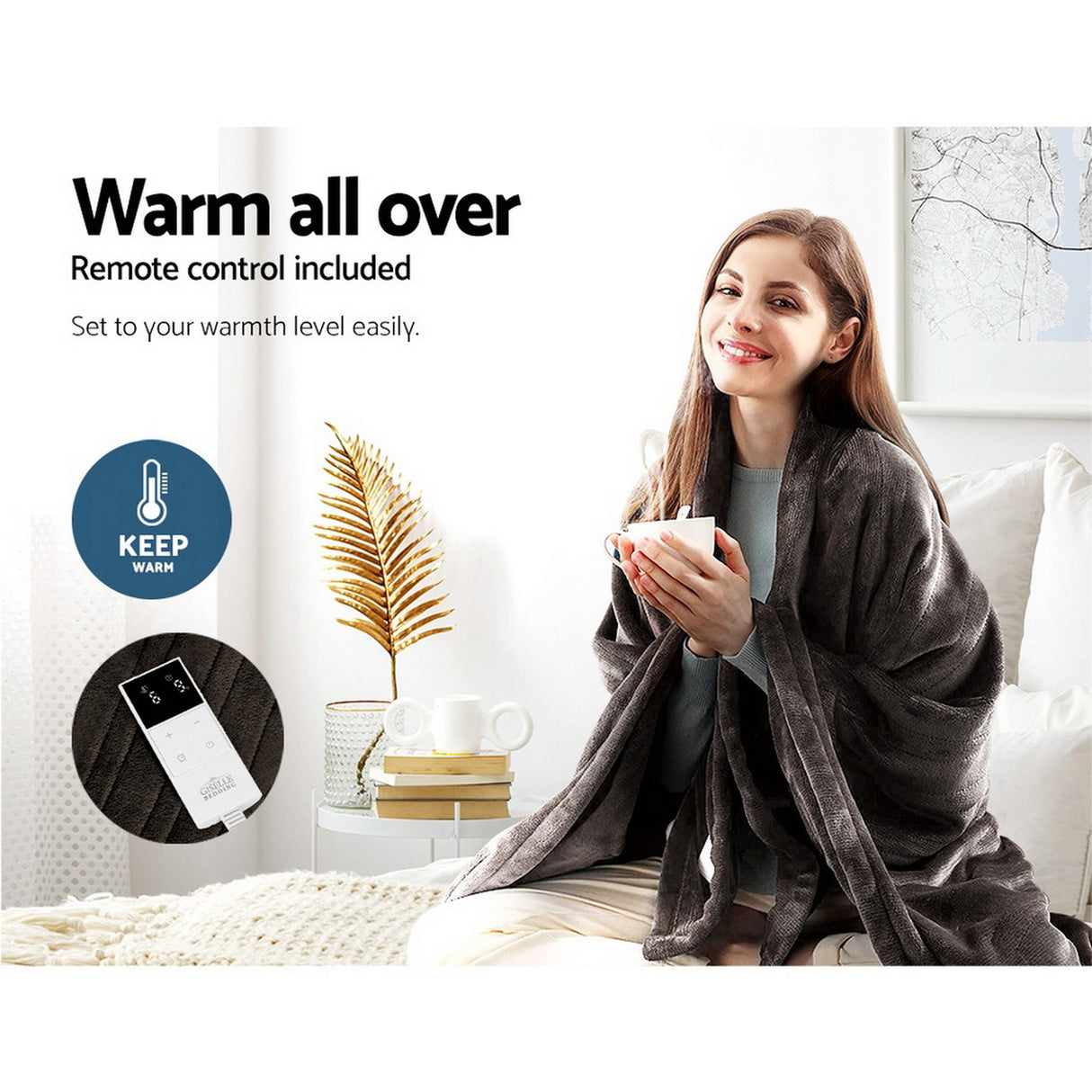 Woman using heated throw rug with remote control, sitting on couch, holding a cup