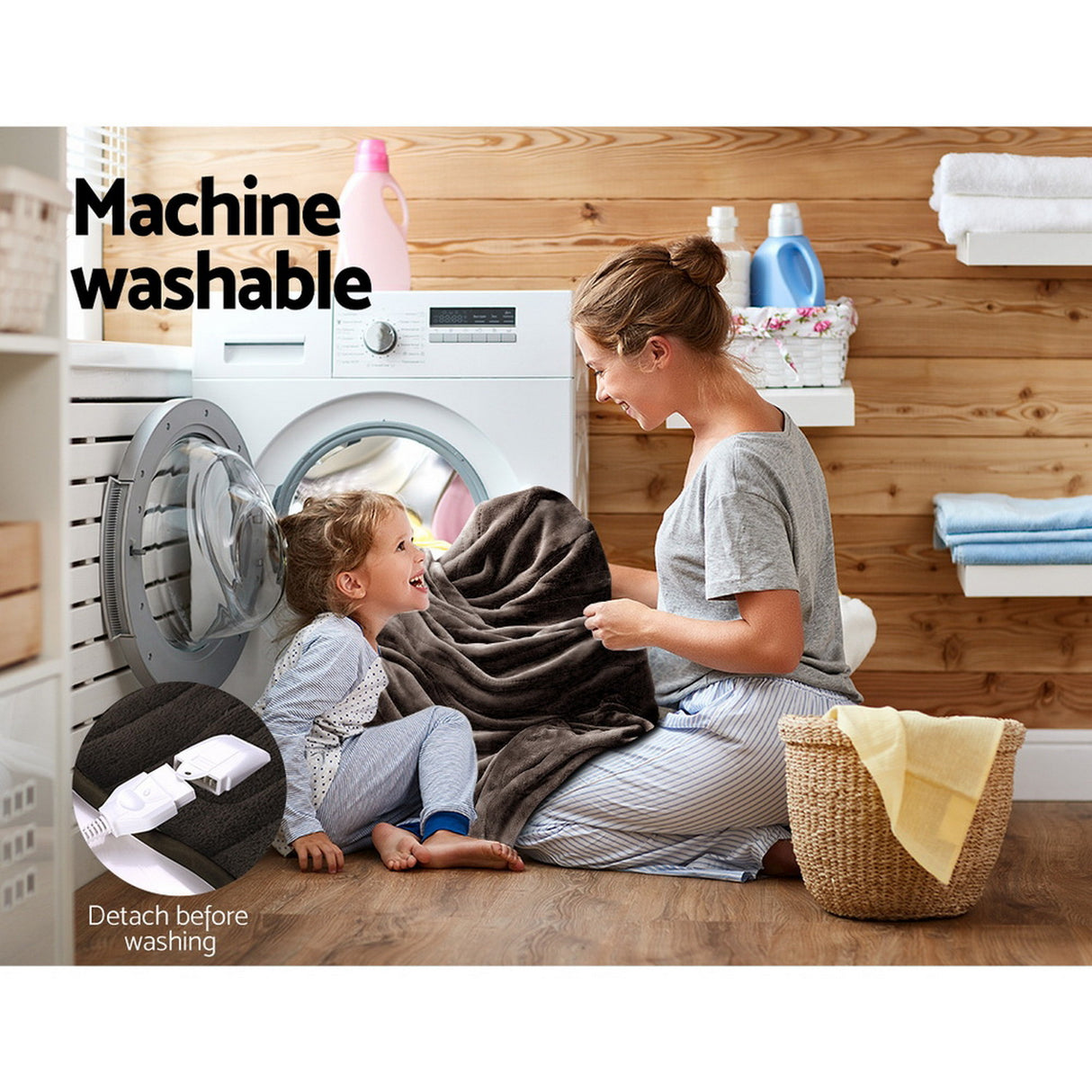 Mother and child with dark throw rug near washing machine, laundry room, machine washable