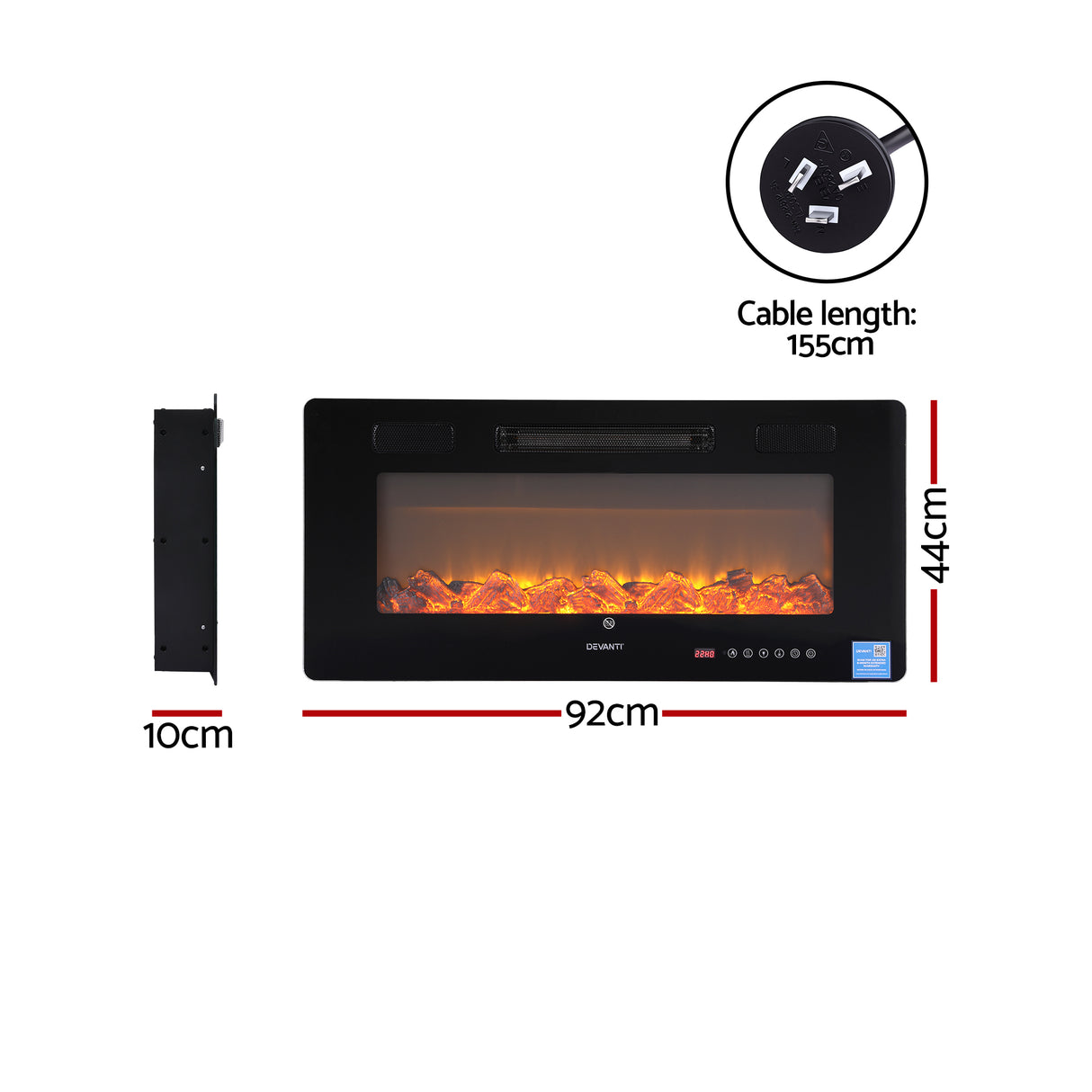 Black electric wall heater with flame effect, 92cm wide, 44cm high, 10cm deep, 155cm cable