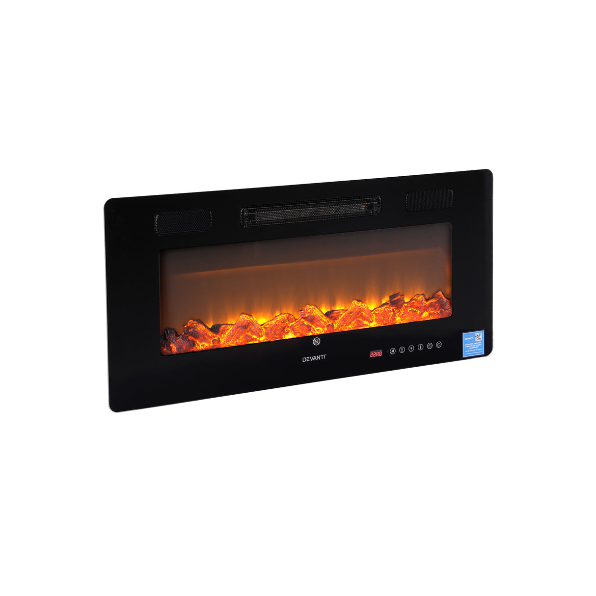 Wall mounted black electric fireplace heater with LED flame effect and control panel