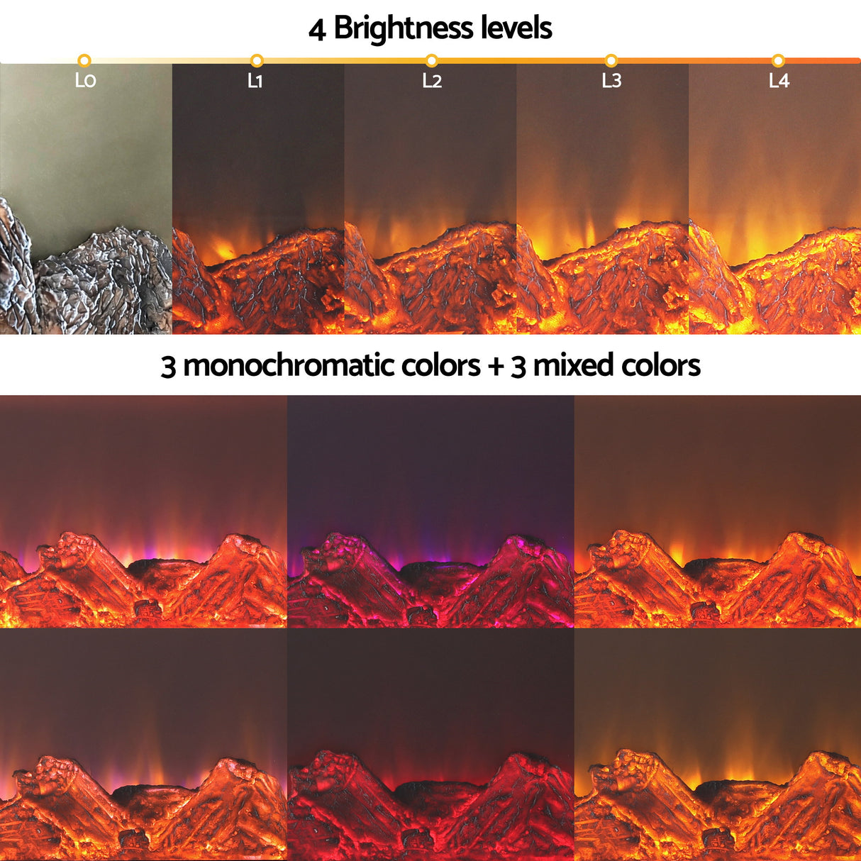 Electric fireplace log set showing 4 brightness levels and 6 color flame options.