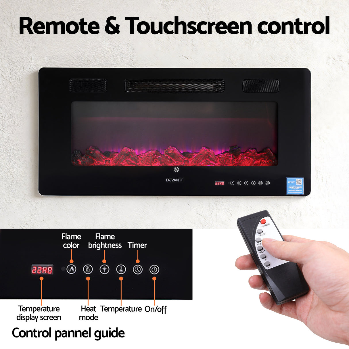 Wall-mounted electric fireplace with remote and touchscreen control, adjustable flame color and brightness, digital display, and temperature settings.