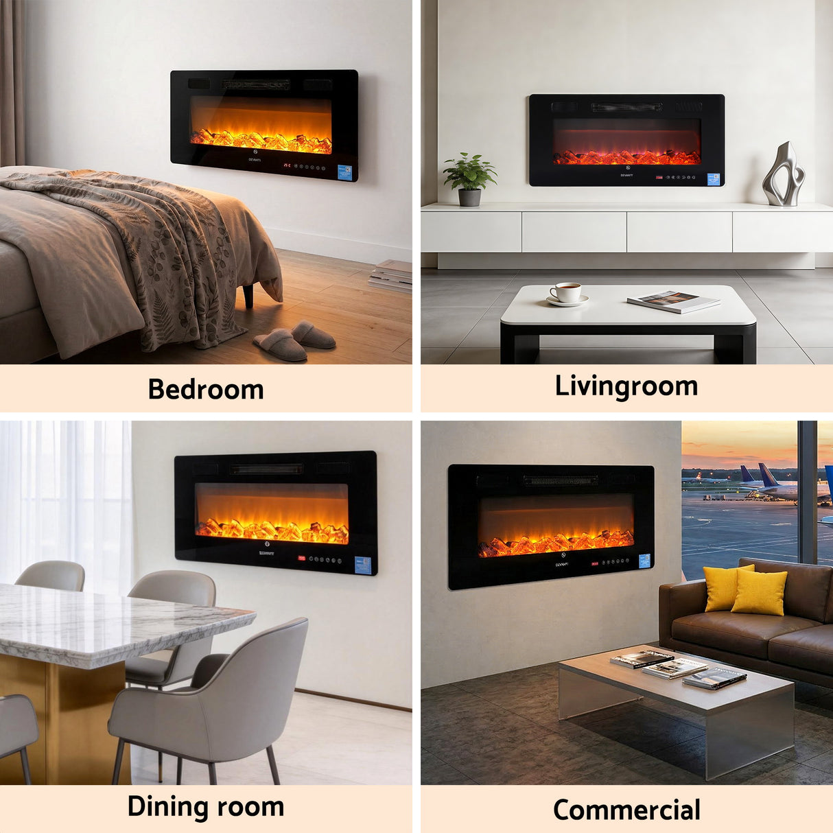 Modern wall-mounted electric fireplace heater in bedroom, living room, dining room, and office settings.