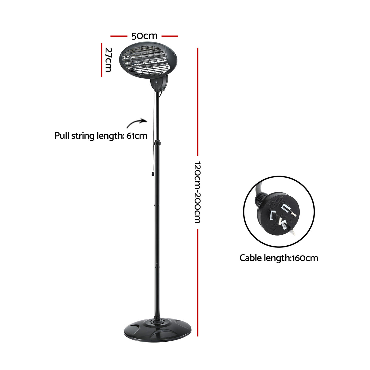 Black electric standing heater with pull cord, adjustable height, and measurement labels