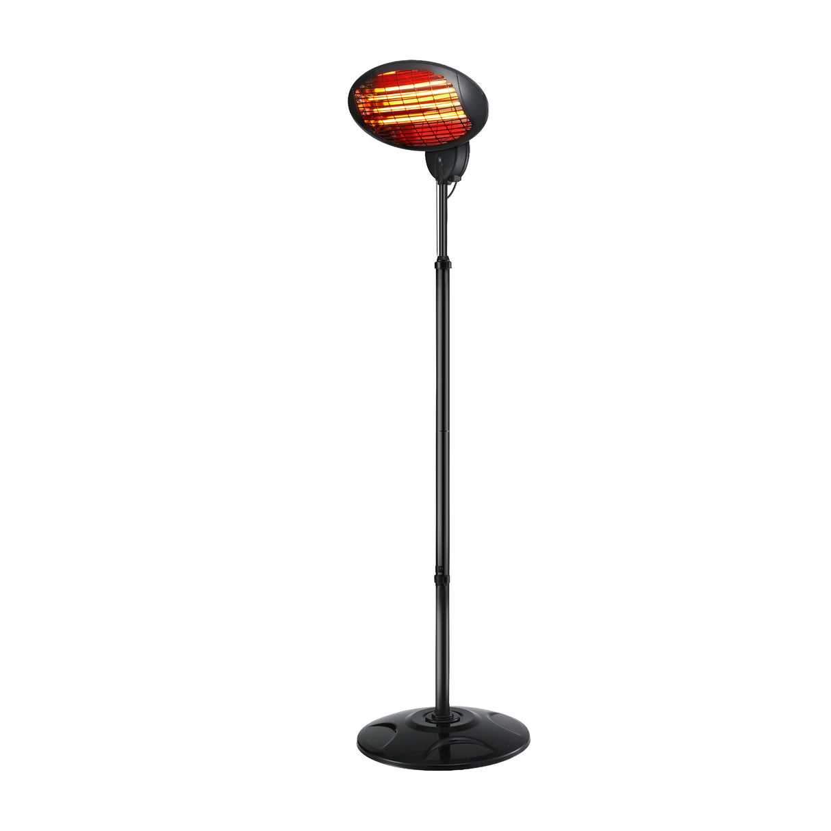 Black electric outdoor patio heater with adjustable stand and glowing heating element