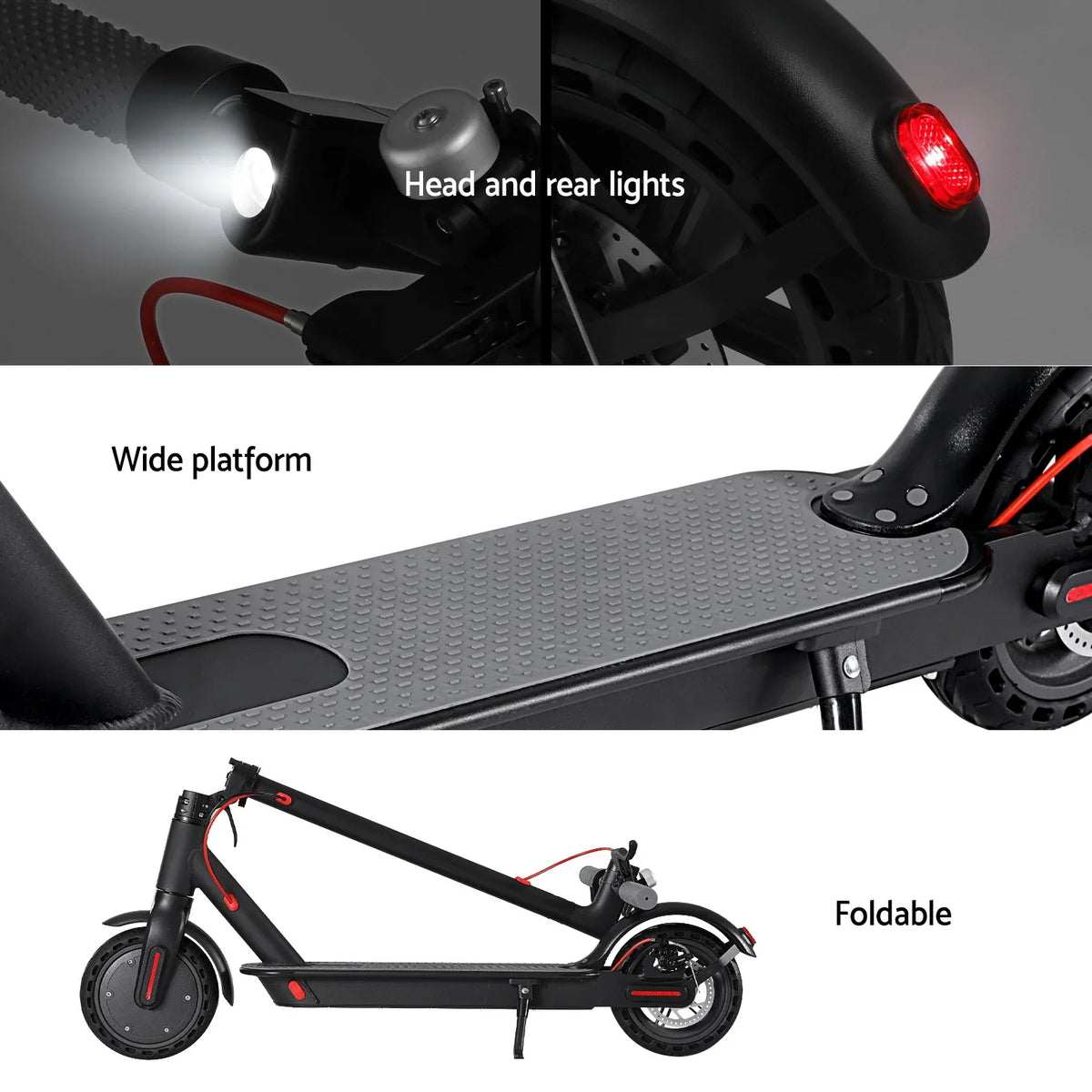 Black electric scooter with head and rear lights, wide platform, and foldable frame