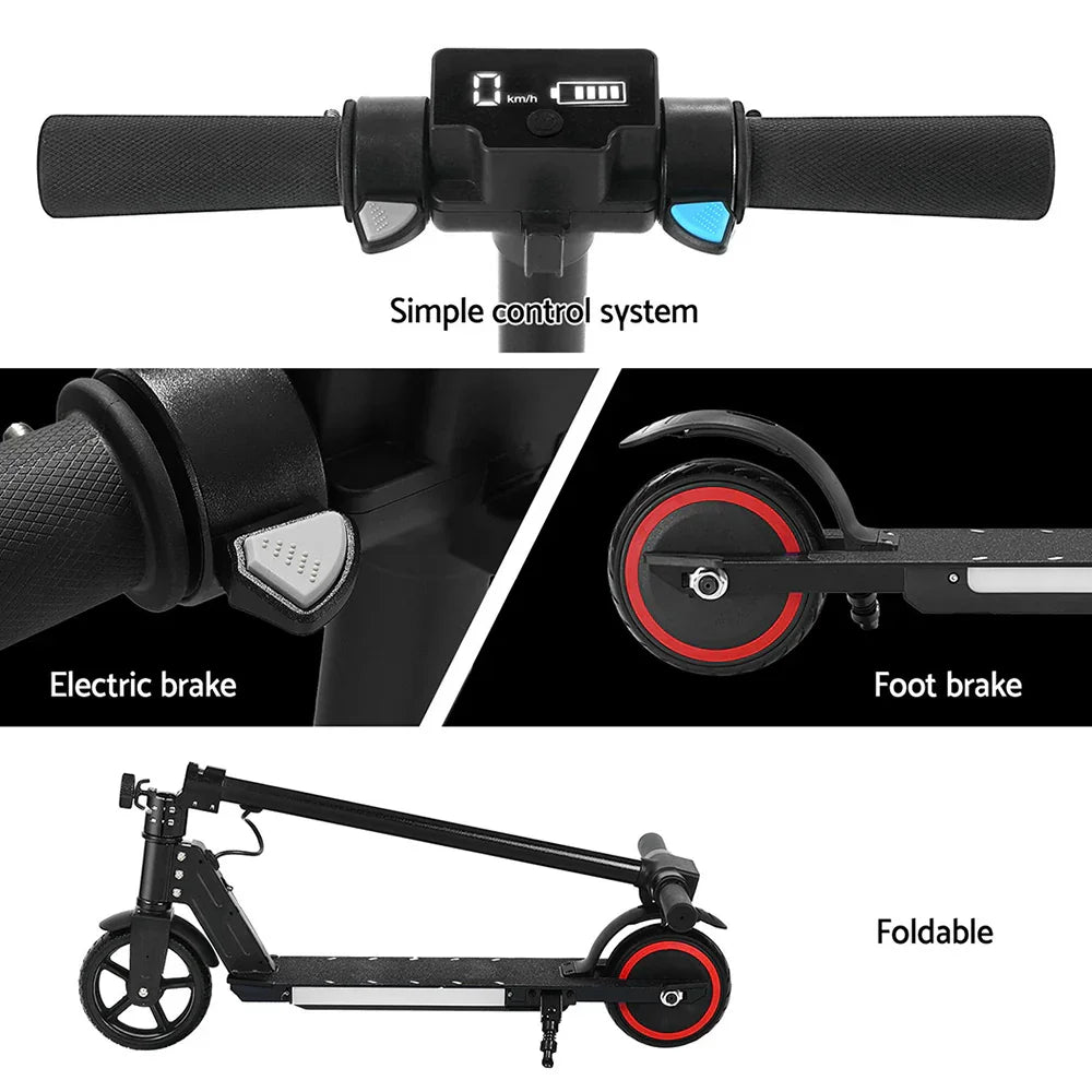 Black foldable electric scooter with control system, electric brake, foot brake, red trim wheels.