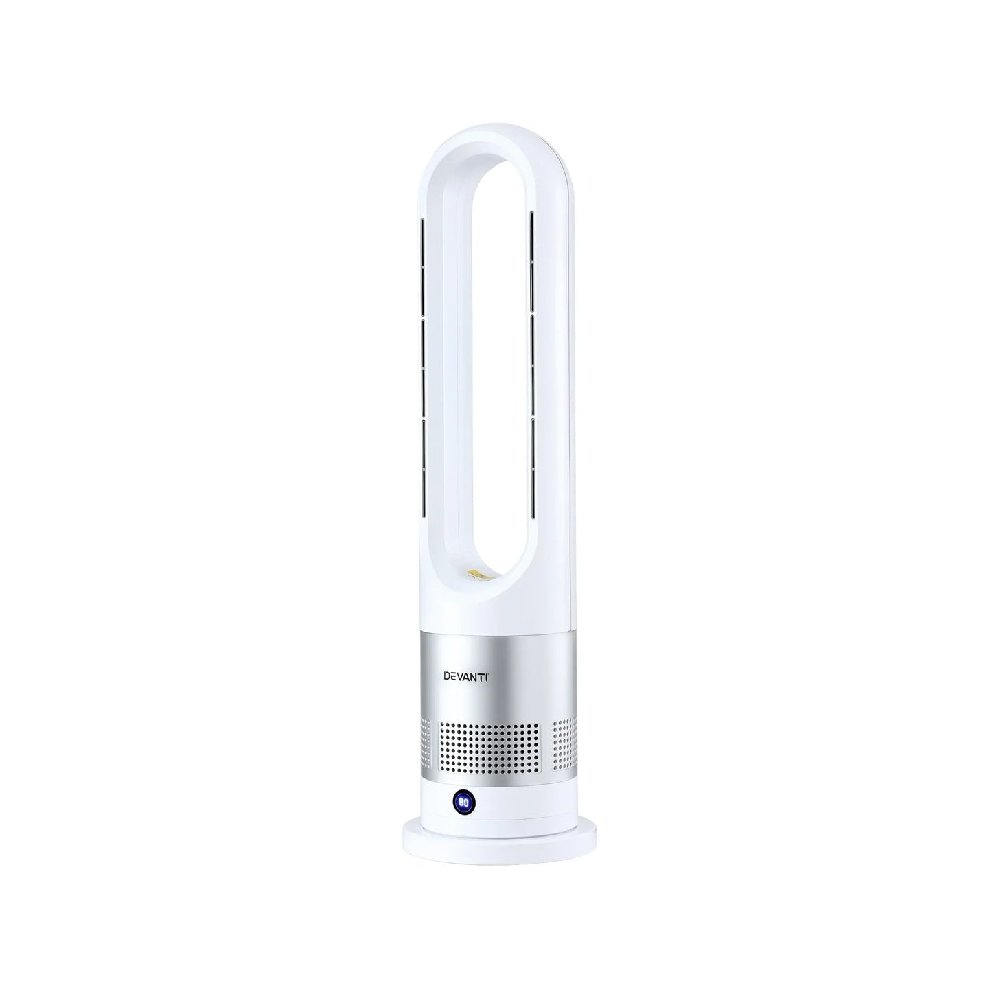 White bladeless tower fan with silver base on white background
