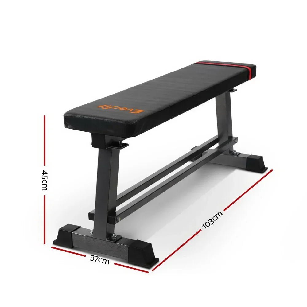 Flat weight bench with black padded seat, metal frame, and dimensions labeled 103x37x45cm