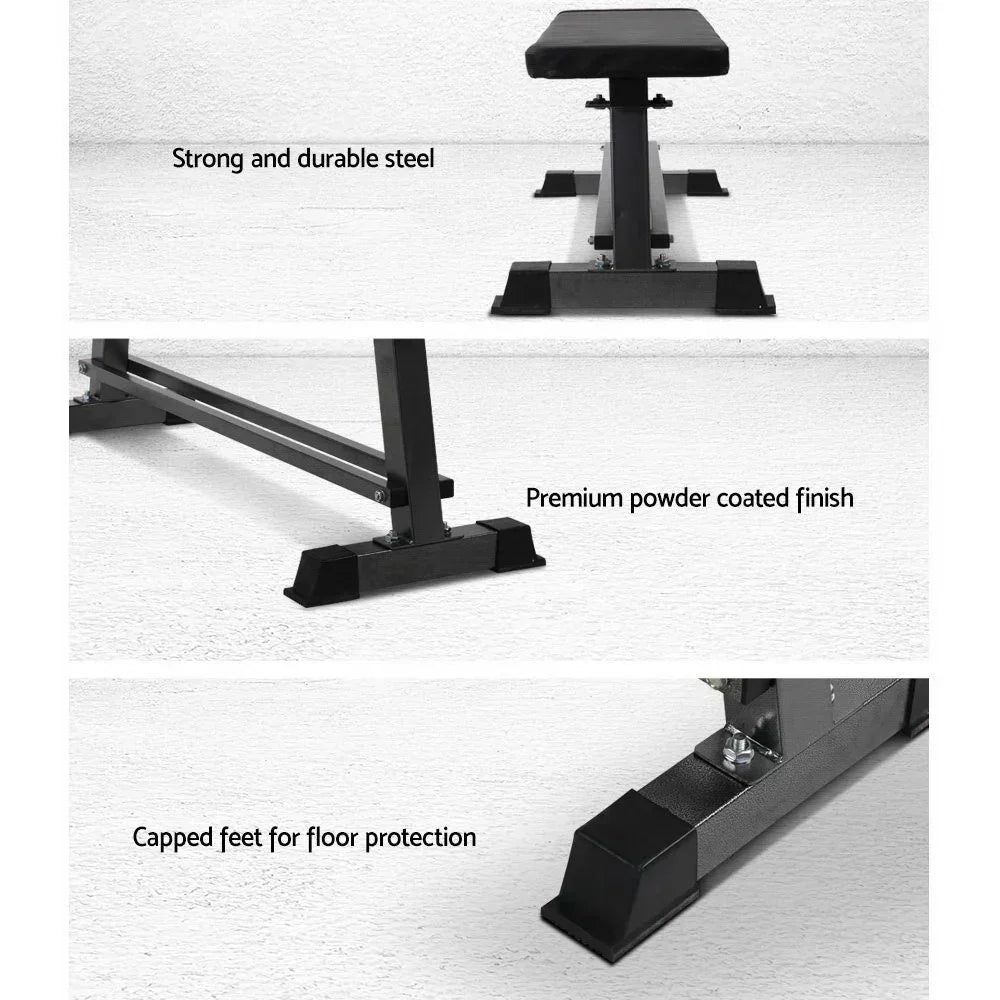 Flat weight bench with strong steel frame, powder coated finish, capped feet for floor protection