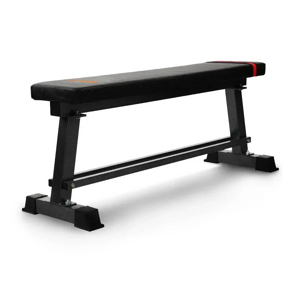 Flat weight bench with black padding and sturdy steel frame for home gym workouts