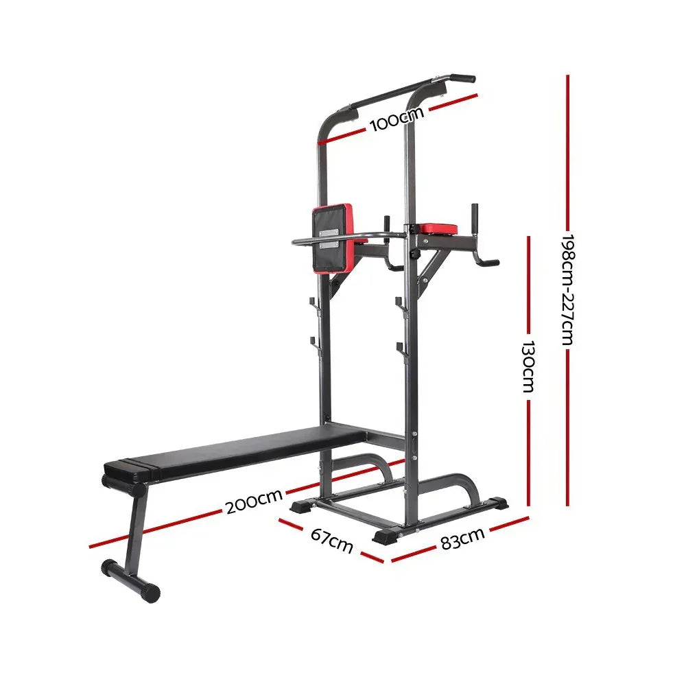 Adjustable chin up and dip bench with backrest, arm pads, and red accents, with measurements shown.