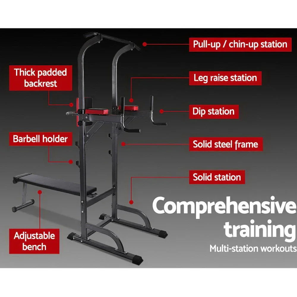 Multi-station workout bench with pull-up, dip, leg raise stations, barbell holder, and padded backrest.