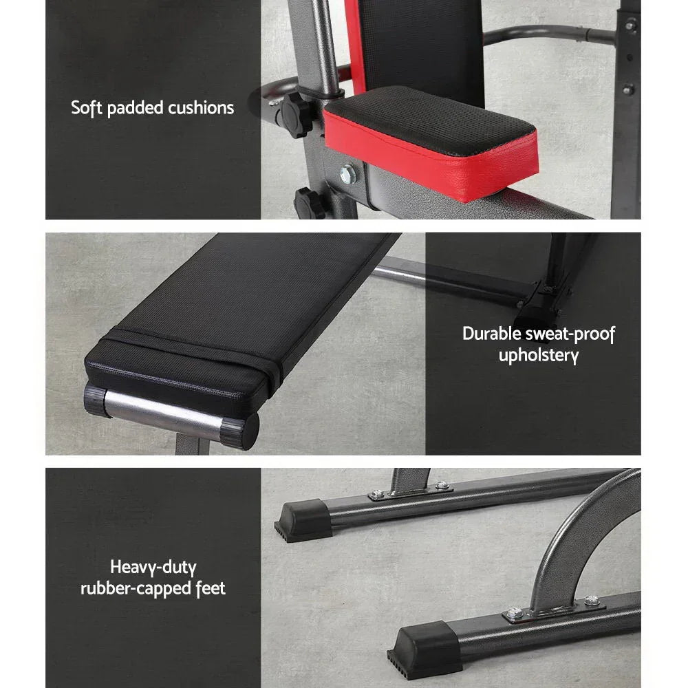 Adjustable workout bench with soft padded cushions, sweat-proof upholstery, and rubber-capped feet.