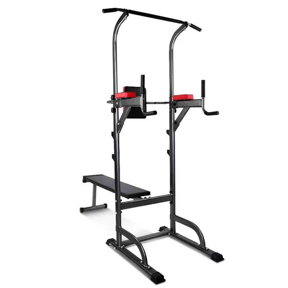 Multi-functional power tower with chin-up bar, dip station, and workout bench for home gym